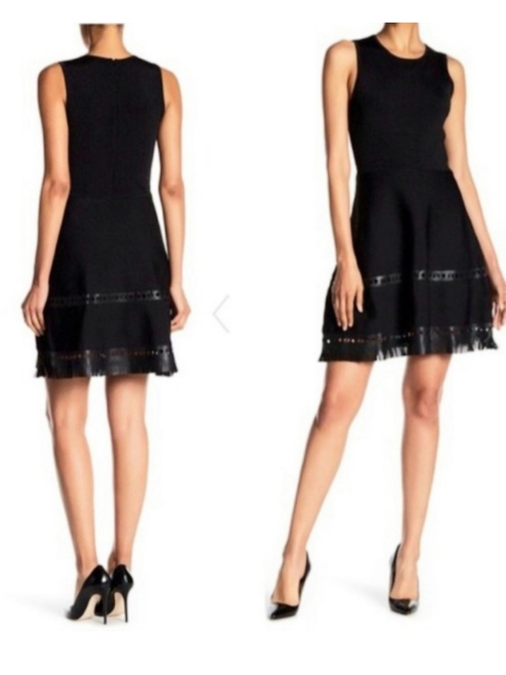 Parker Black Circle Skater Dress with Faux Leather Cut Out Fringe Trim